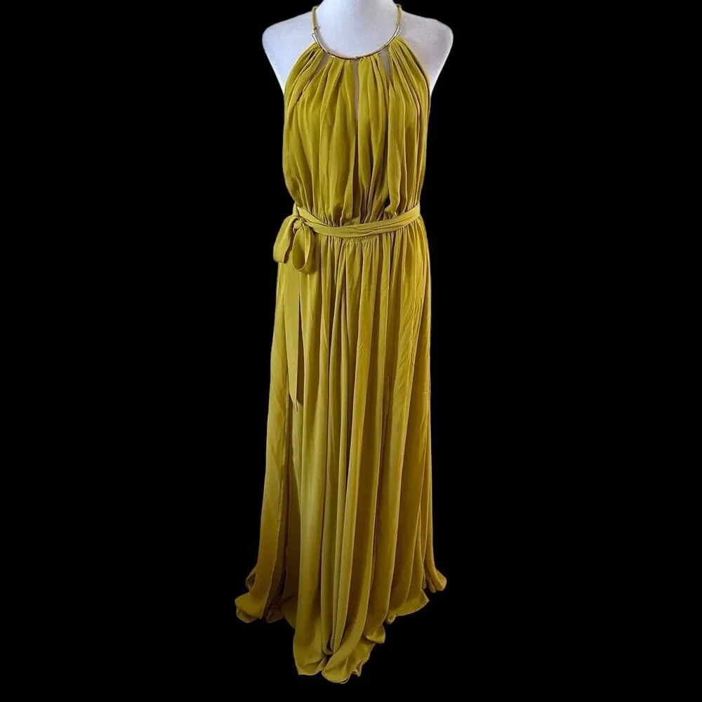 CqbyCq Flowy Deep V-Neck Maxi Dress With Tie Yellow Size Large - Picture 9 of 9